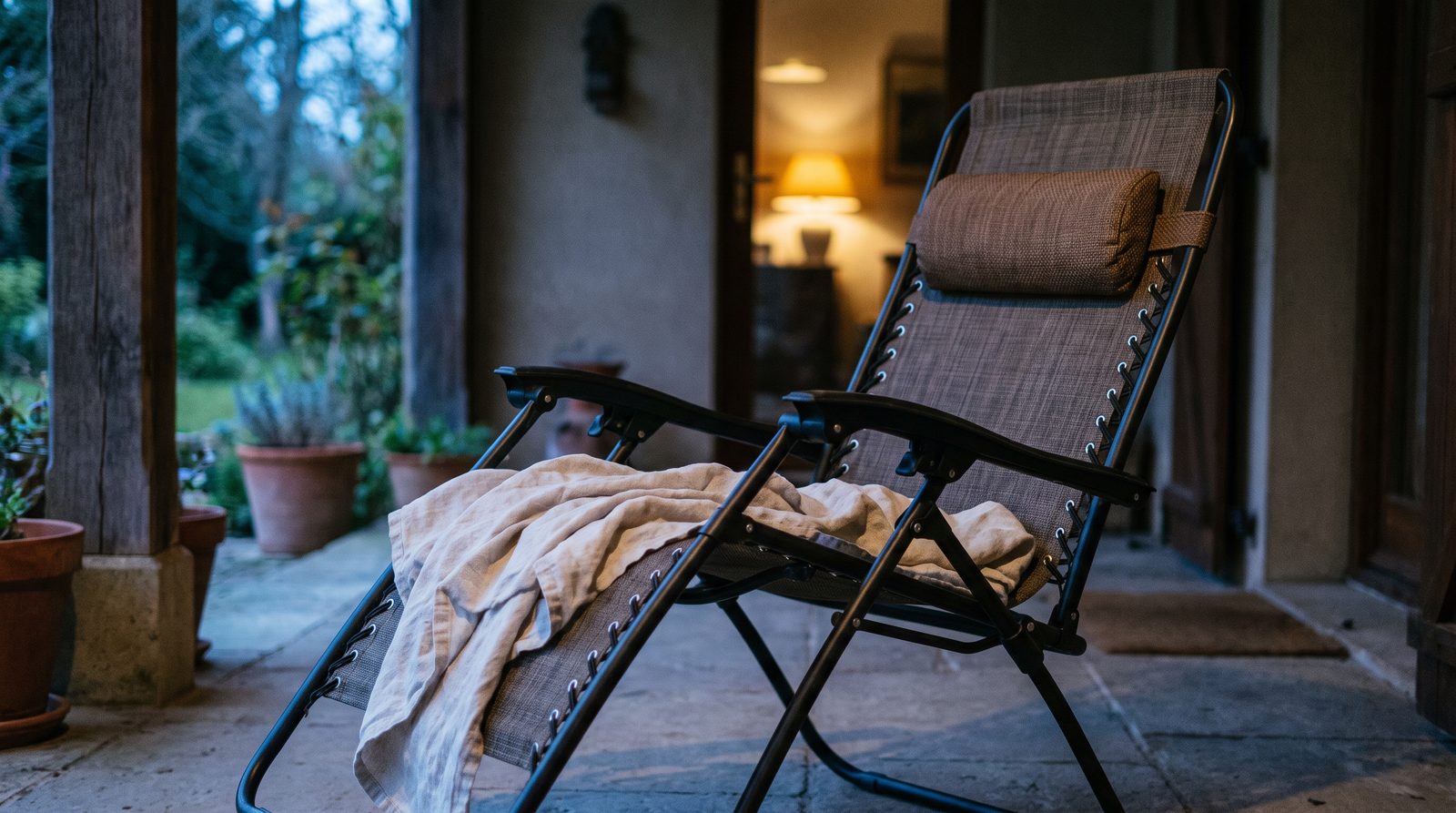 A zero-gravity lounge chair fully reclined with the legrest raised above seat height, a linen throw and small headrest cushion, on a covered patio at dusk