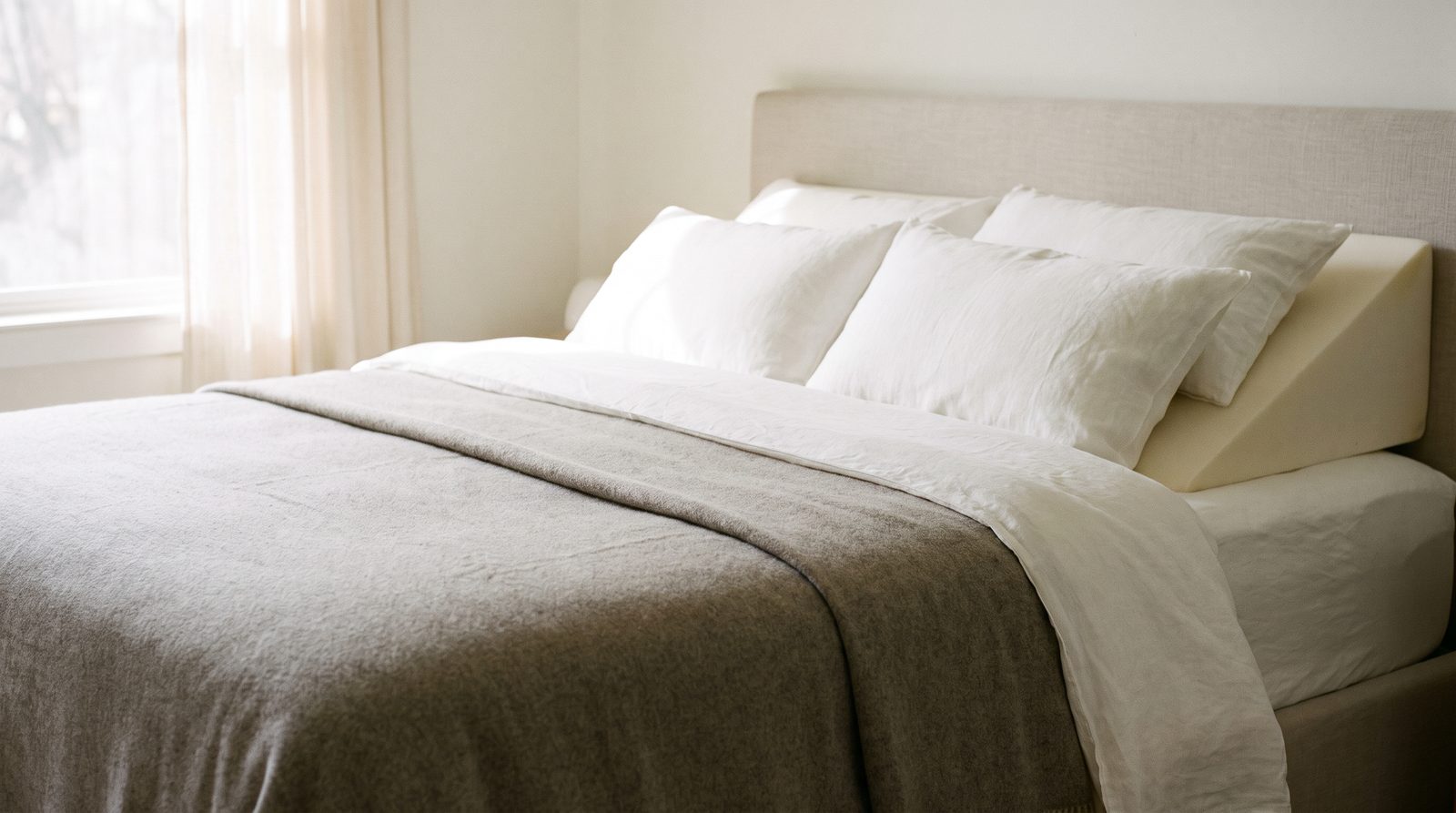 An empty bed with the upper body area raised by a foam wedge under stacked white pillows against a plain headboard