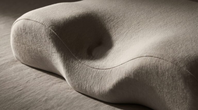 Macro view of a memory-foam cervical pillow in raking light, showing the raised neck roll and recessed centre
