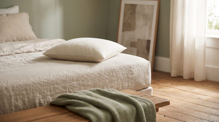 A single plain unbranded low-profile white pillow lying flat on a firm neatly made bed with oatmeal linen, lit by soft morning light.
