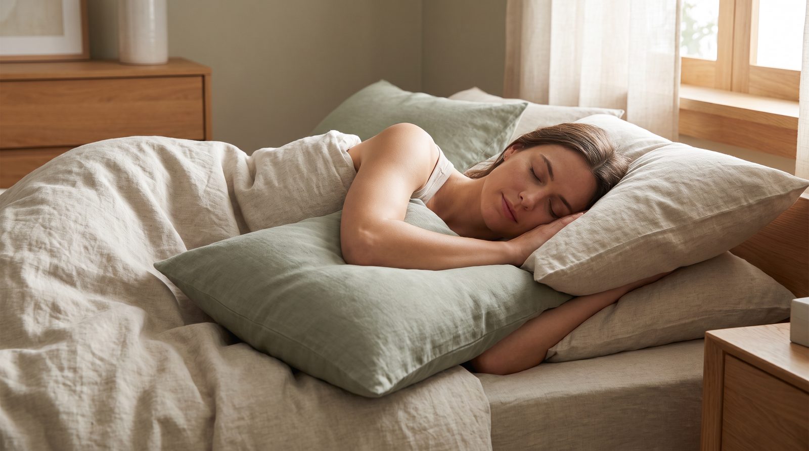 A woman asleep on her side with her head fully supported so her neck stays level with her spine, and her upper arm resting forward on a second pillow.