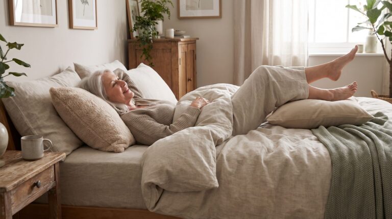 An older woman with silver hair lying on her back in bed, head on a supportive pillow and a second plain pillow placed under her knees to raise the legs gently.