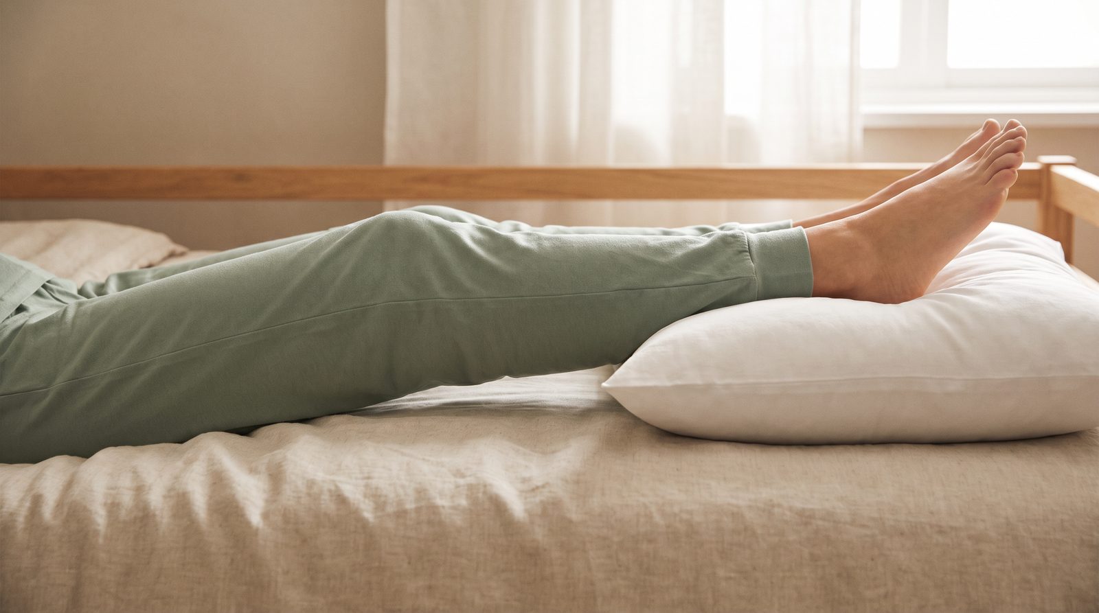 A straight leg in sage pyjama trousers resting on a firm white pillow placed under the calf and ankle, so the foot is raised and the knee stays flat with nothing underneath it.