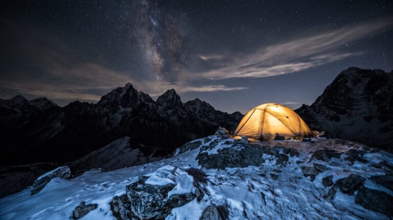 A small mountaineering tent glowing warm amber at night on a high snowy ridge beneath dark peaks and a star-filled sky