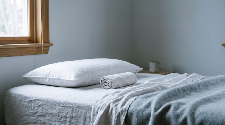 A low flat pillow on a made bed with a small tightly rolled towel placed where the neck would rest, in cool morning light