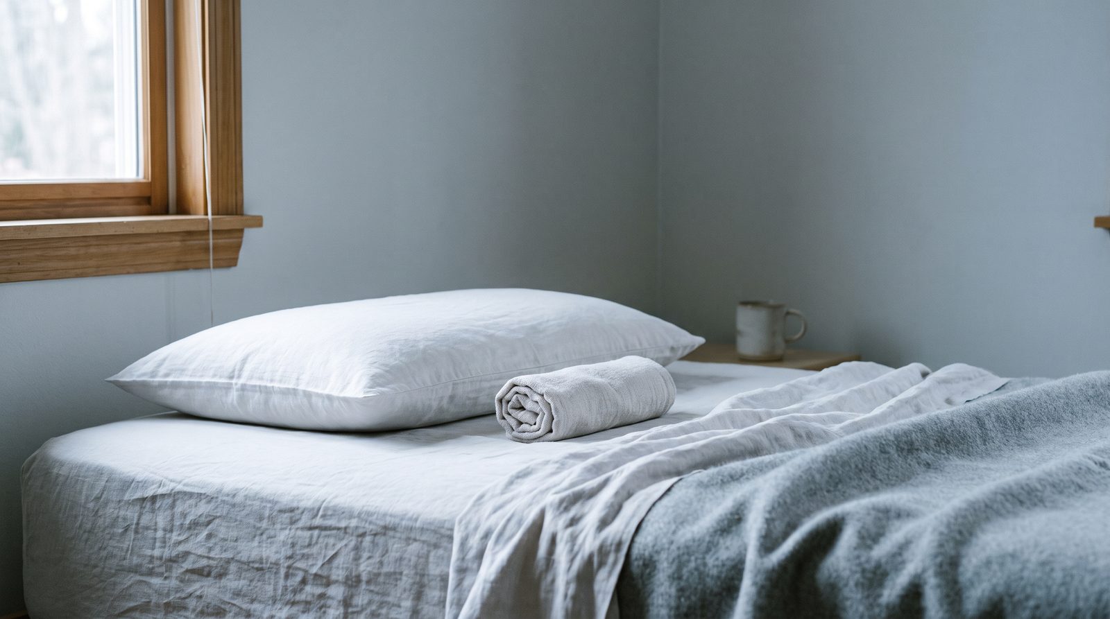 A low flat pillow on a made bed with a small tightly rolled towel placed where the neck would rest, in cool morning light
