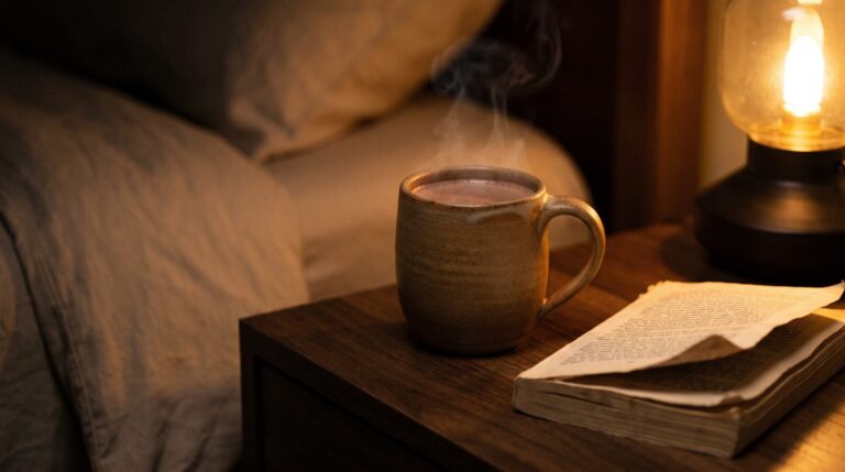 A plain unlabelled ceramic mug of a warm cocoa-coloured drink steaming on a dark wooden bedside table beside a folded book