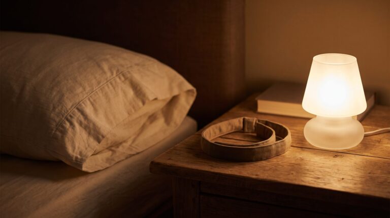 A soft fabric neck collar lying unused on a bedside table beside a folded pillow, lit by a low bedside lamp