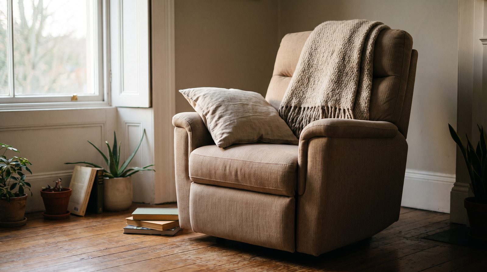 An empty reclining armchair at a gentle recline with a folded pillow on the armrest supporting where a forearm would rest