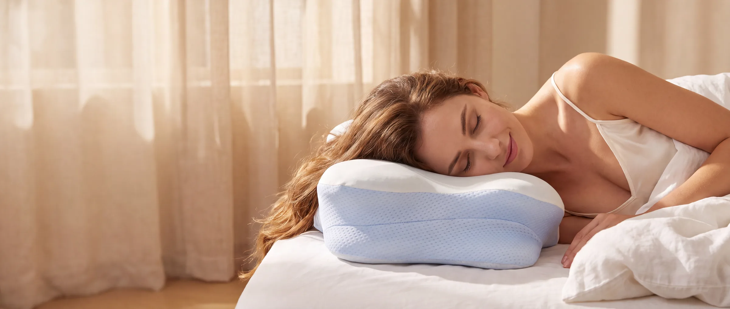 Woman sleeping on her side on the Derila Ergo contour pillow in warm morning light