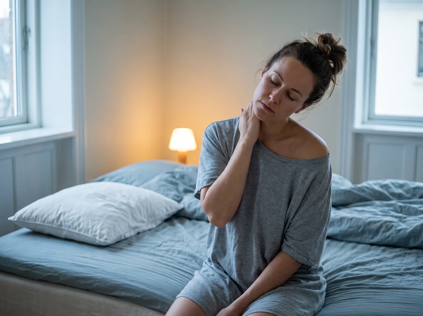 Woman rubbing a stiff neck after waking up on a flat pillow