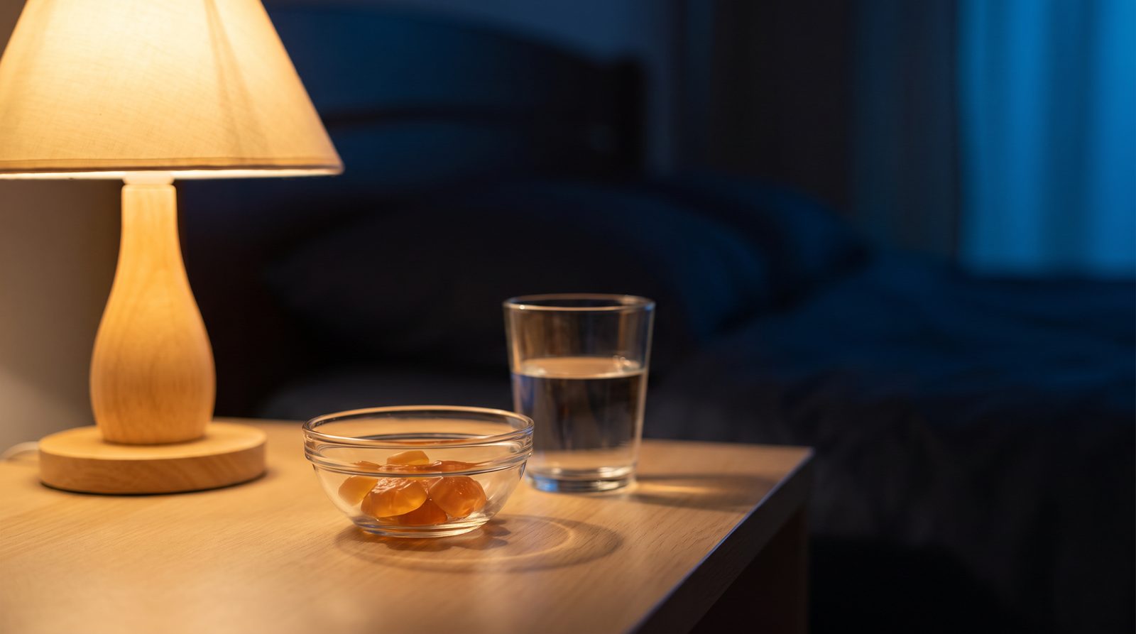 A few translucent amber gummy sweets in a small plain glass dish on a nightstand beside a glass of water at night